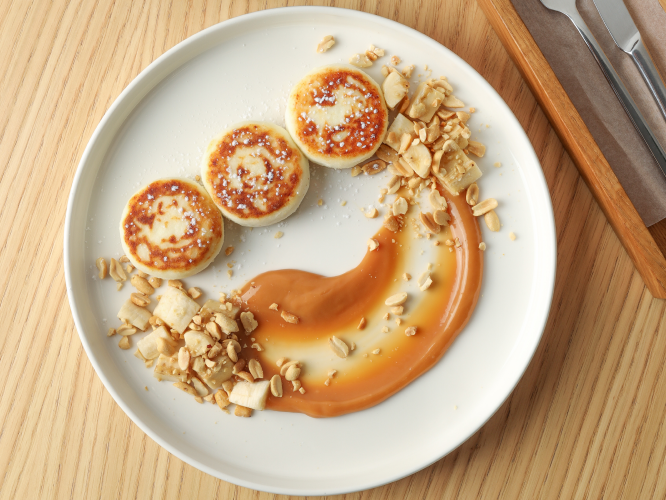 Cottage Cheese Pancakes with Banana, Salted Caramel and Peanuts